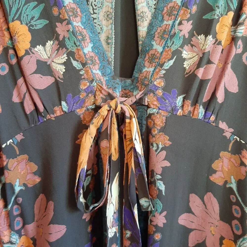 Free People Violet Hill Floral Tunic Mini Dress Women's 2 Gray Babydoll Plunge